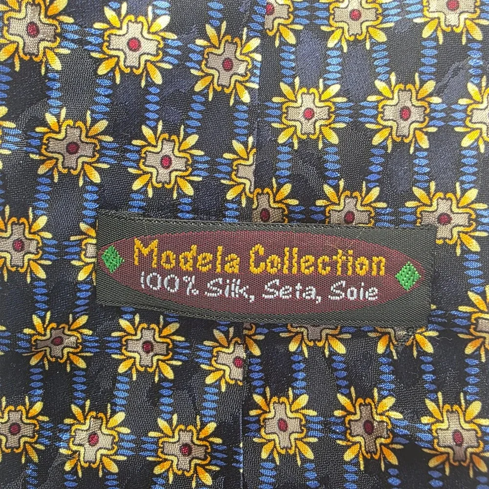 Modela Collection Mens 100 Silk Tie Navy‎ Blue Gold Floral Patterned Necktie